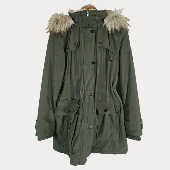Petite Medium DKNY Anorak Women's Military Green Faux Fur Hood Parka Coat Jacket - Picture 1 of 8